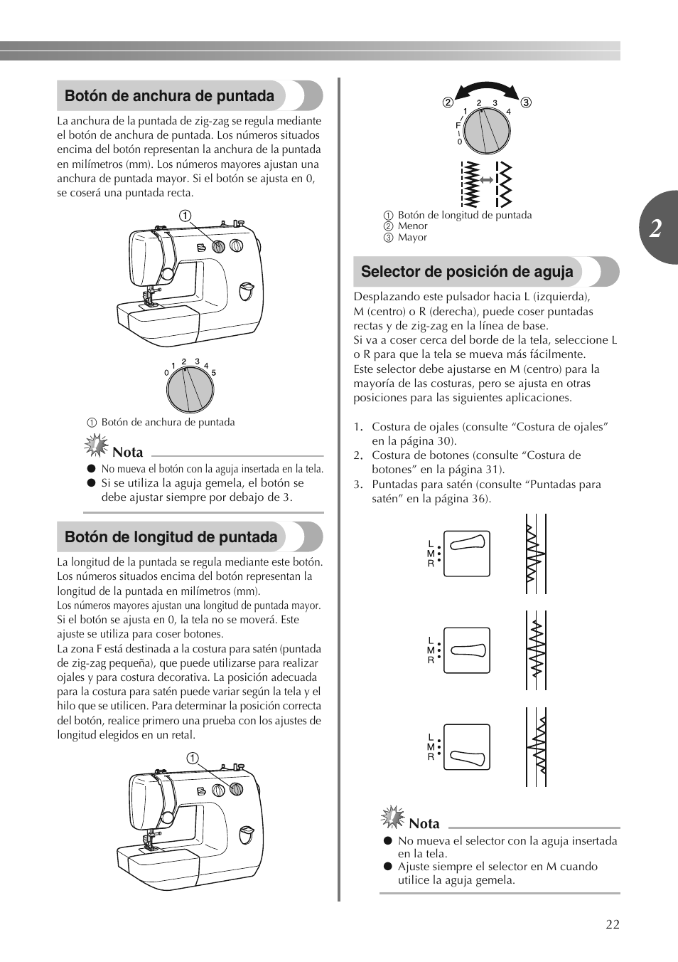 Botón de anchura de puntada, Botón de longitud de puntada, Selector de posición de aguja | Brother LS2250PRW User Manual | Page 71 / 96