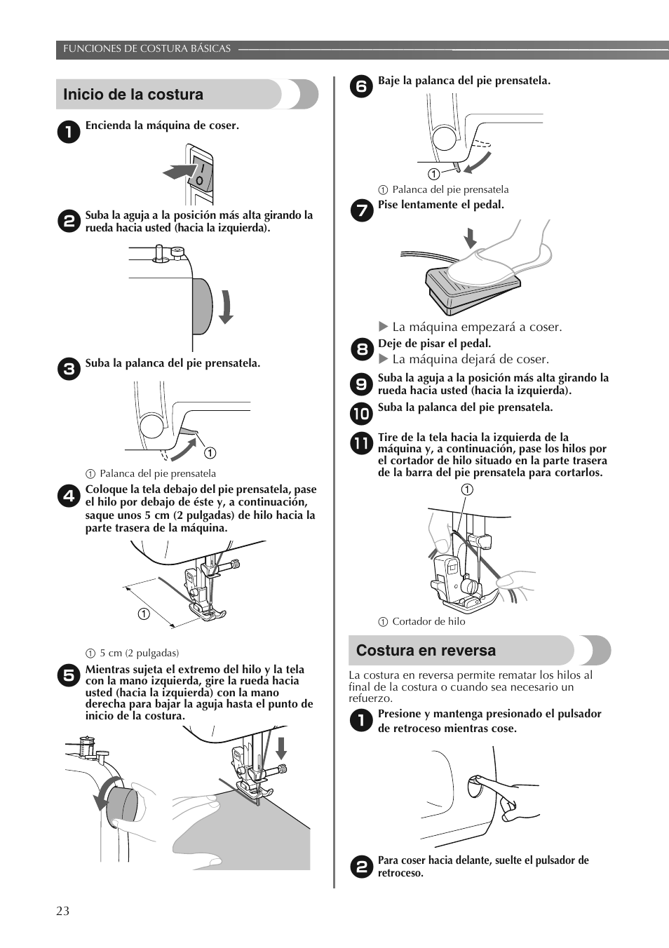 Inicio de la costura, Costura en reversa | Brother LS2250PRW User Manual | Page 72 / 96