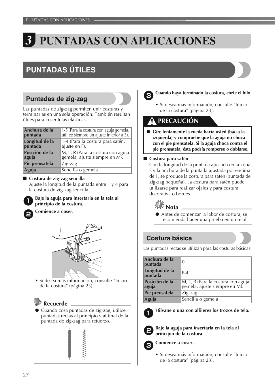 Puntadas con aplicaciones, Puntadas útiles, Puntadas de zig-zag | Costura básica, Precaución | Brother LS2250PRW User Manual | Page 76 / 96