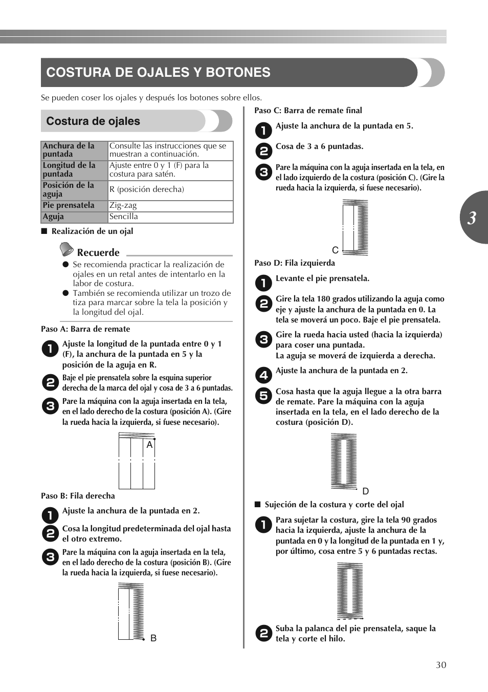 Costura de ojales y botones, Costura de ojales, Recuerde | Brother LS2250PRW User Manual | Page 79 / 96