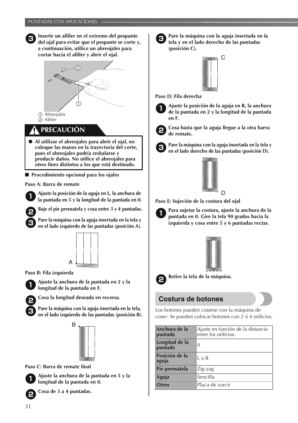 Costura de botones, Precaución | Brother LS2250PRW User Manual | Page 80 / 96
