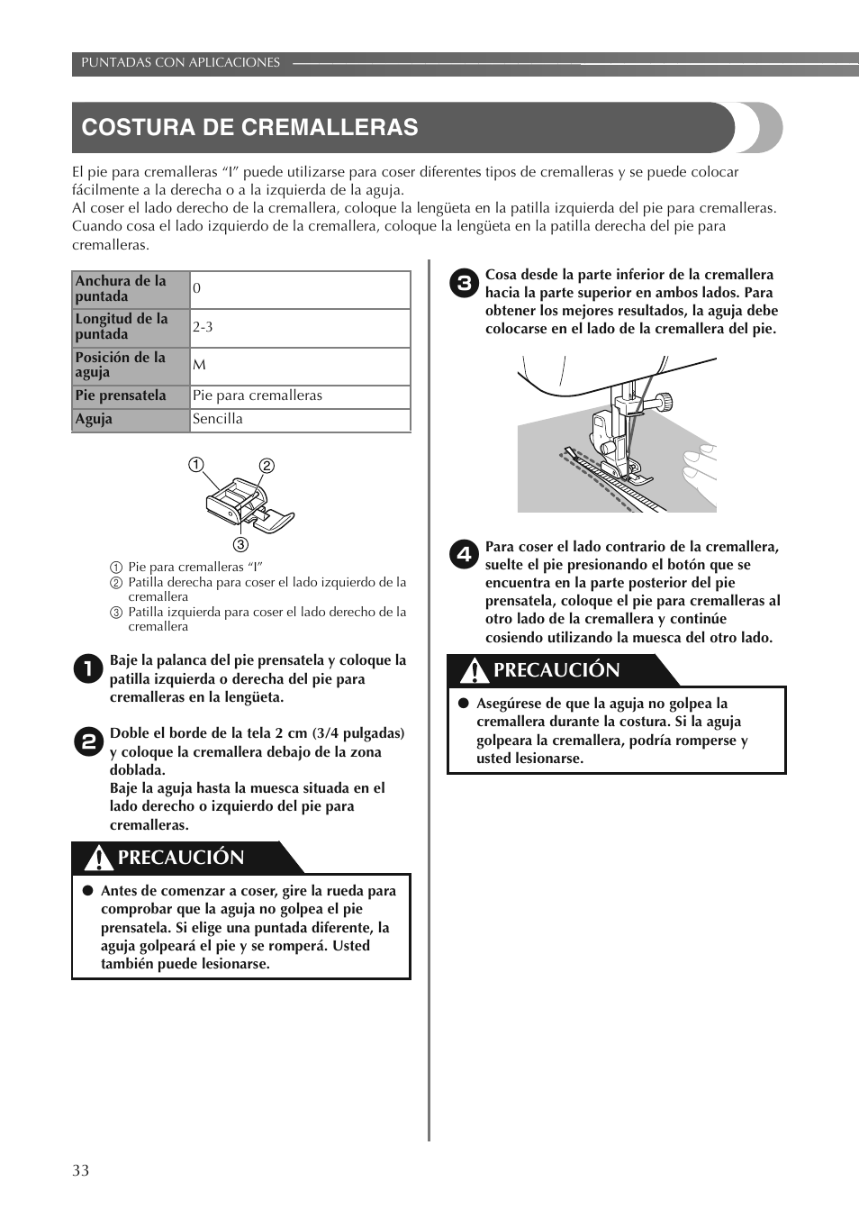 Costura de cremalleras, Precaución | Brother LS2250PRW User Manual | Page 82 / 96