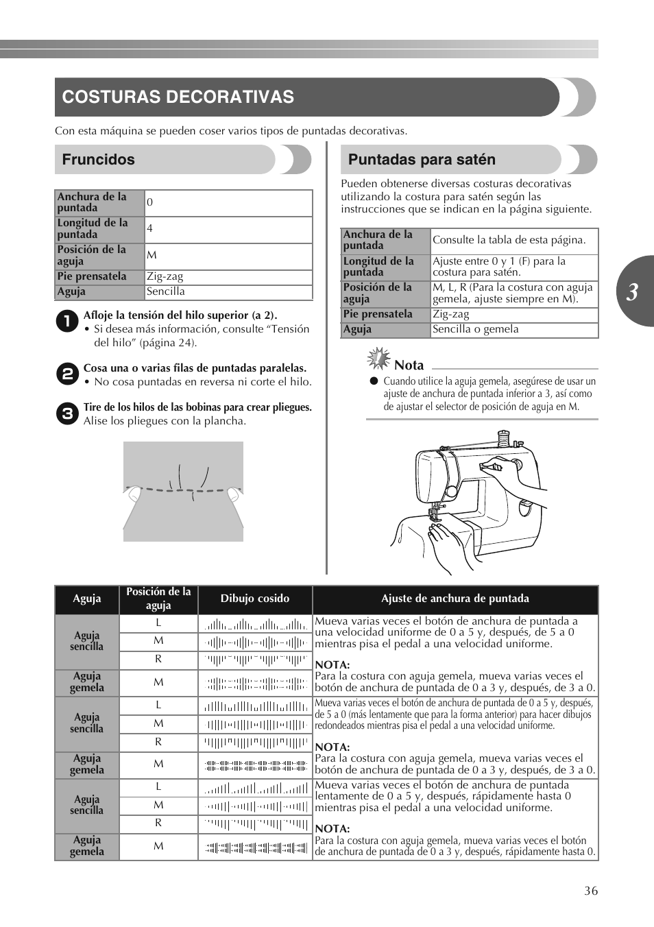Costuras decorativas, Fruncidos, Puntadas para satén | Nota | Brother LS2250PRW User Manual | Page 85 / 96