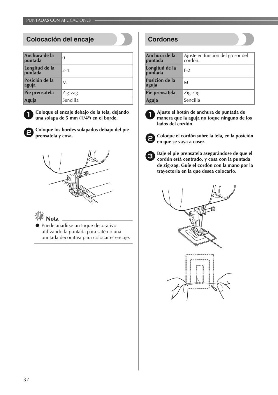 Colocación del encaje, Cordones, Nota | Brother LS2250PRW User Manual | Page 86 / 96