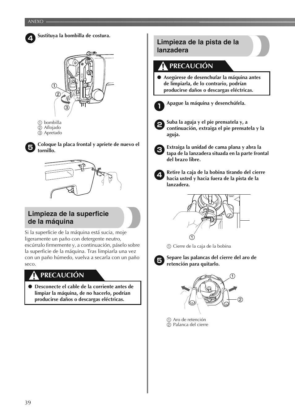 Limpieza de la superficie de la máquina, Limpieza de la pista de la lanzadera, Precaución | Brother LS2250PRW User Manual | Page 88 / 96