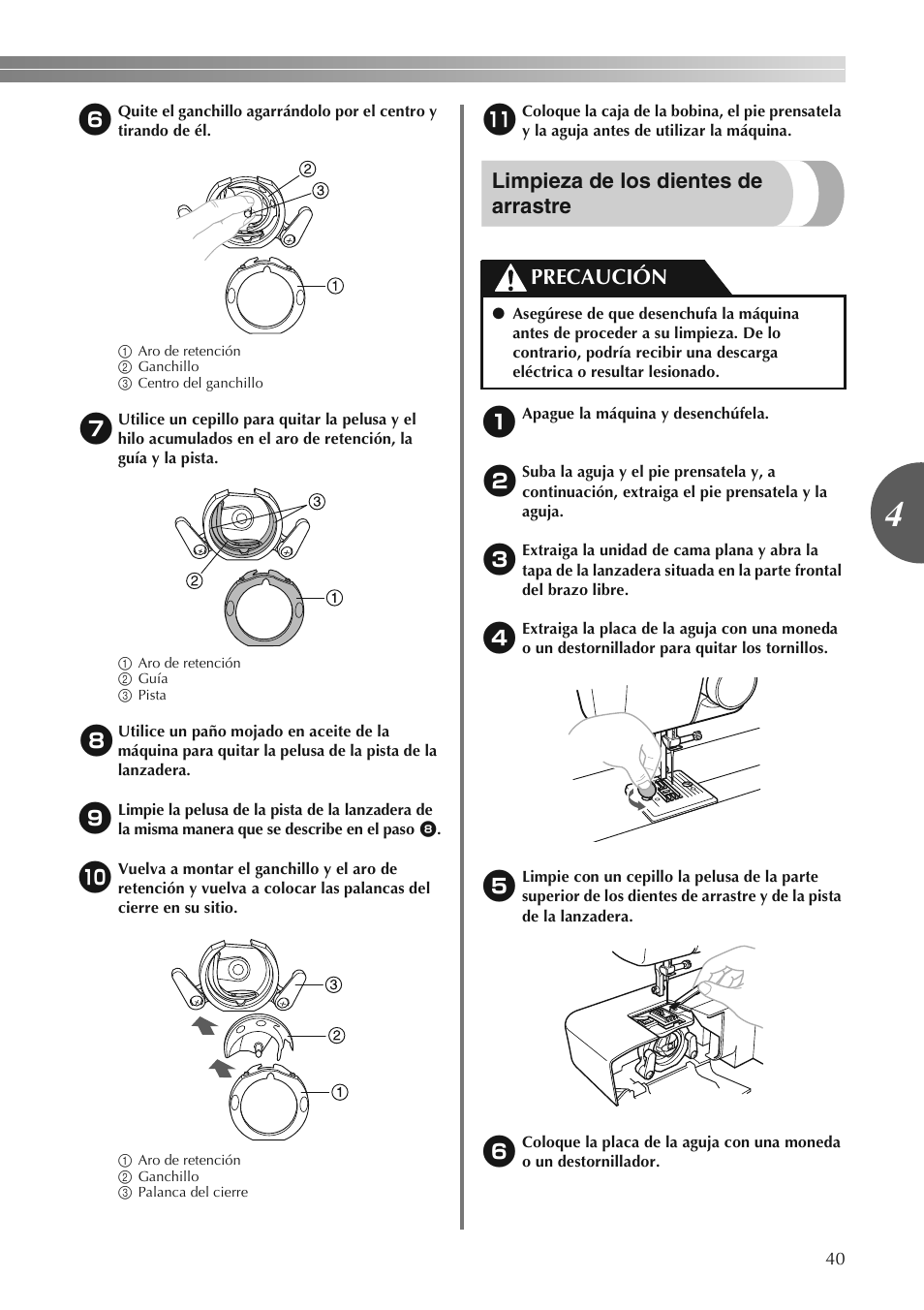 Limpieza de los dientes de arrastre, Precaución | Brother LS2250PRW User Manual | Page 89 / 96