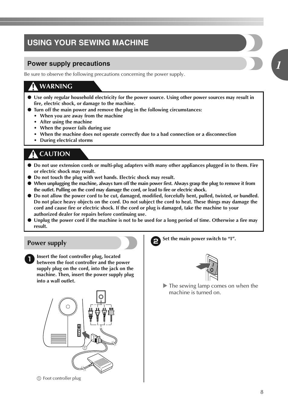 Using your sewing machine, Power supply precautions, Power supply | Warning caution | Brother LS2250PRW User Manual | Page 9 / 96