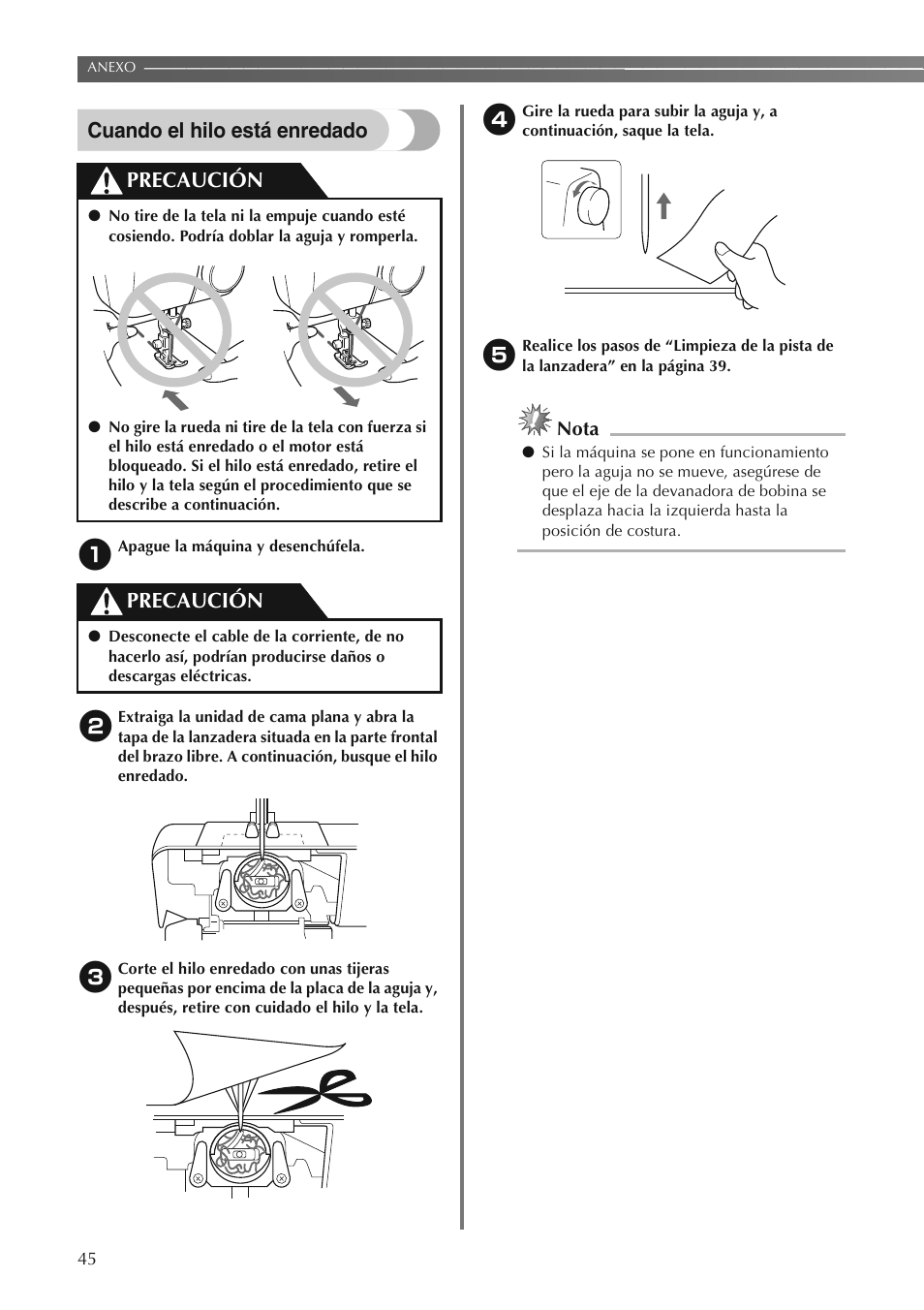 Cuando el hilo está enredado, Precaución, Nota | Brother LS2250PRW User Manual | Page 94 / 96