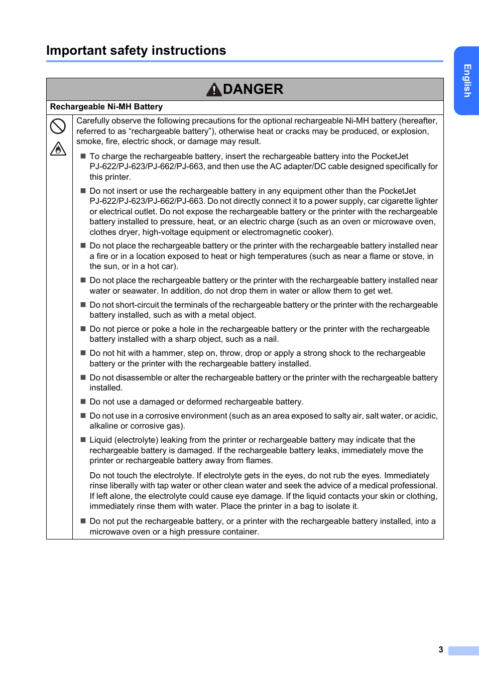 Important safety instructions, Danger | Brother Pocket Jet6Plus PJ-623 User Manual | Page 4 / 13