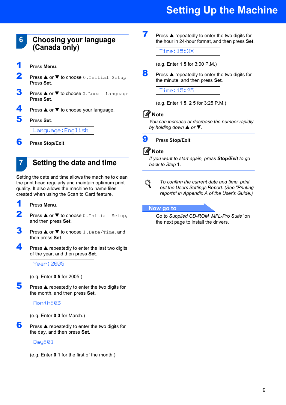 6 choosing your language (canada only), 7 setting the date and time, Setting up the machine | 6choosing your language (canada only), 7setting the date and time | Brother DCP-120C User Manual | Page 11 / 24