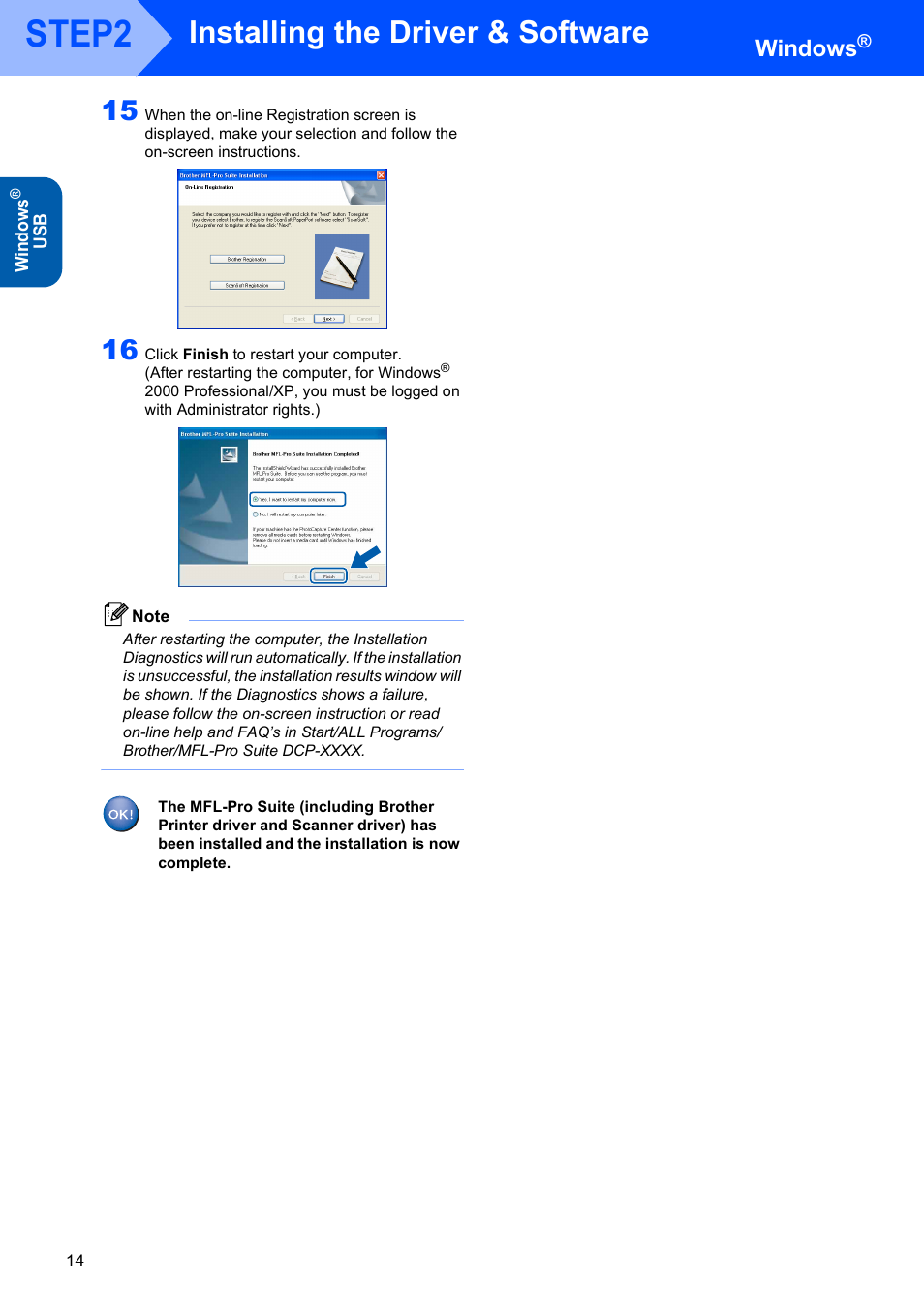 Step2, Installing the driver & software, Windows | Brother DCP-120C User Manual | Page 16 / 24