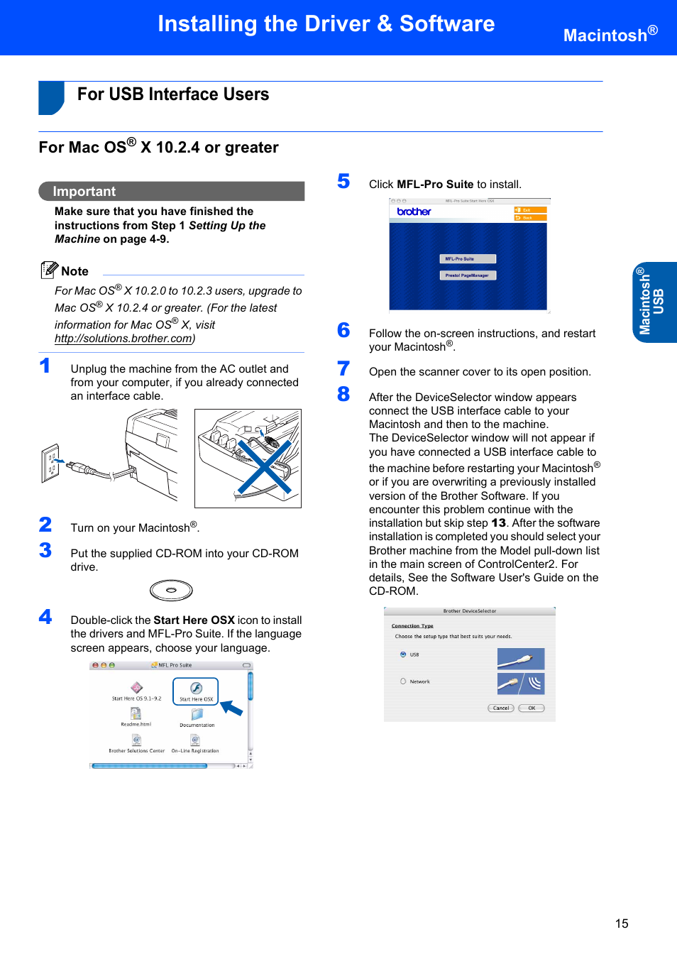 Macintosh, For usb interface users, For mac os® x 10.2.4 or greater | For mac os, X 10.2.4 or greater, Installing the driver & software | Brother DCP-120C User Manual | Page 17 / 24