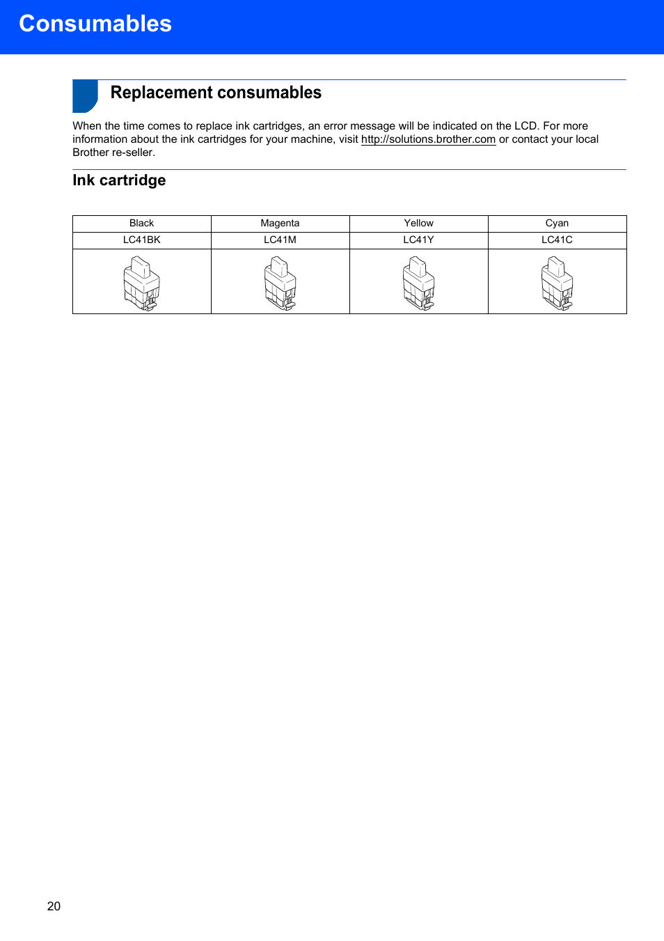 Consumables, Replacement consumables, Ink cartridge | Brother DCP-120C User Manual | Page 22 / 24