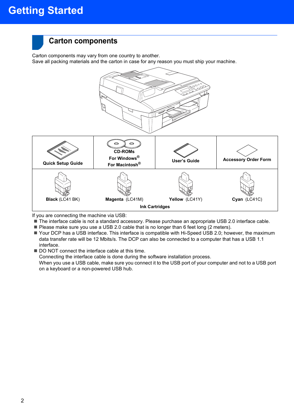 Getting started, Carton components | Brother DCP-120C User Manual | Page 4 / 24