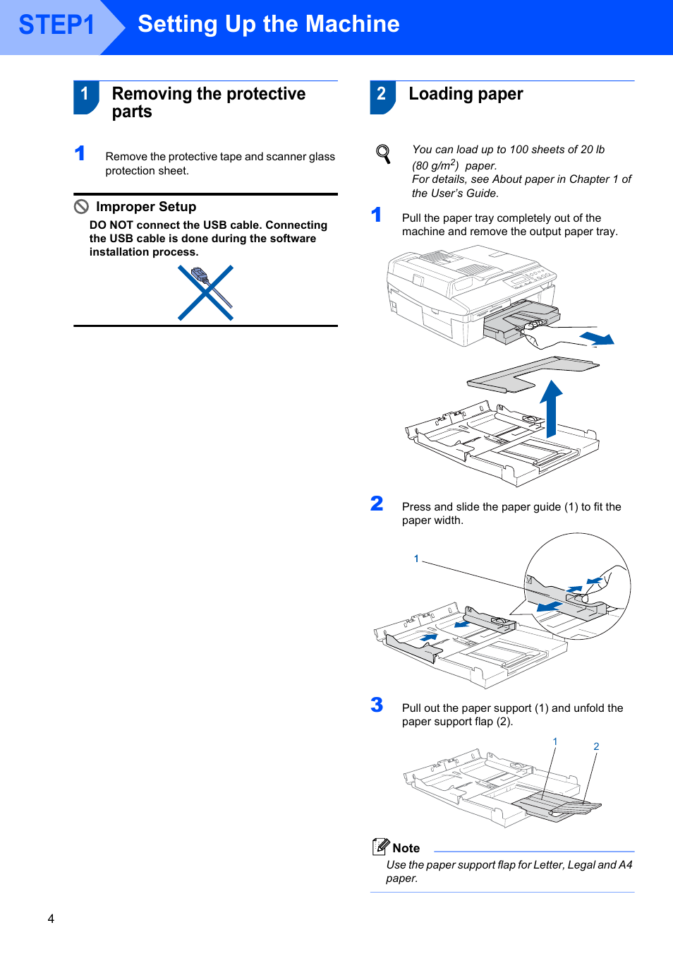 Step 1 setting up the machine, 1 removing the protective parts, 2 loading paper | Removing the protective parts loading paper, Step1, Setting up the machine, 1removing the protective parts, 2loading paper, Improper setup | Brother DCP-120C User Manual | Page 6 / 24