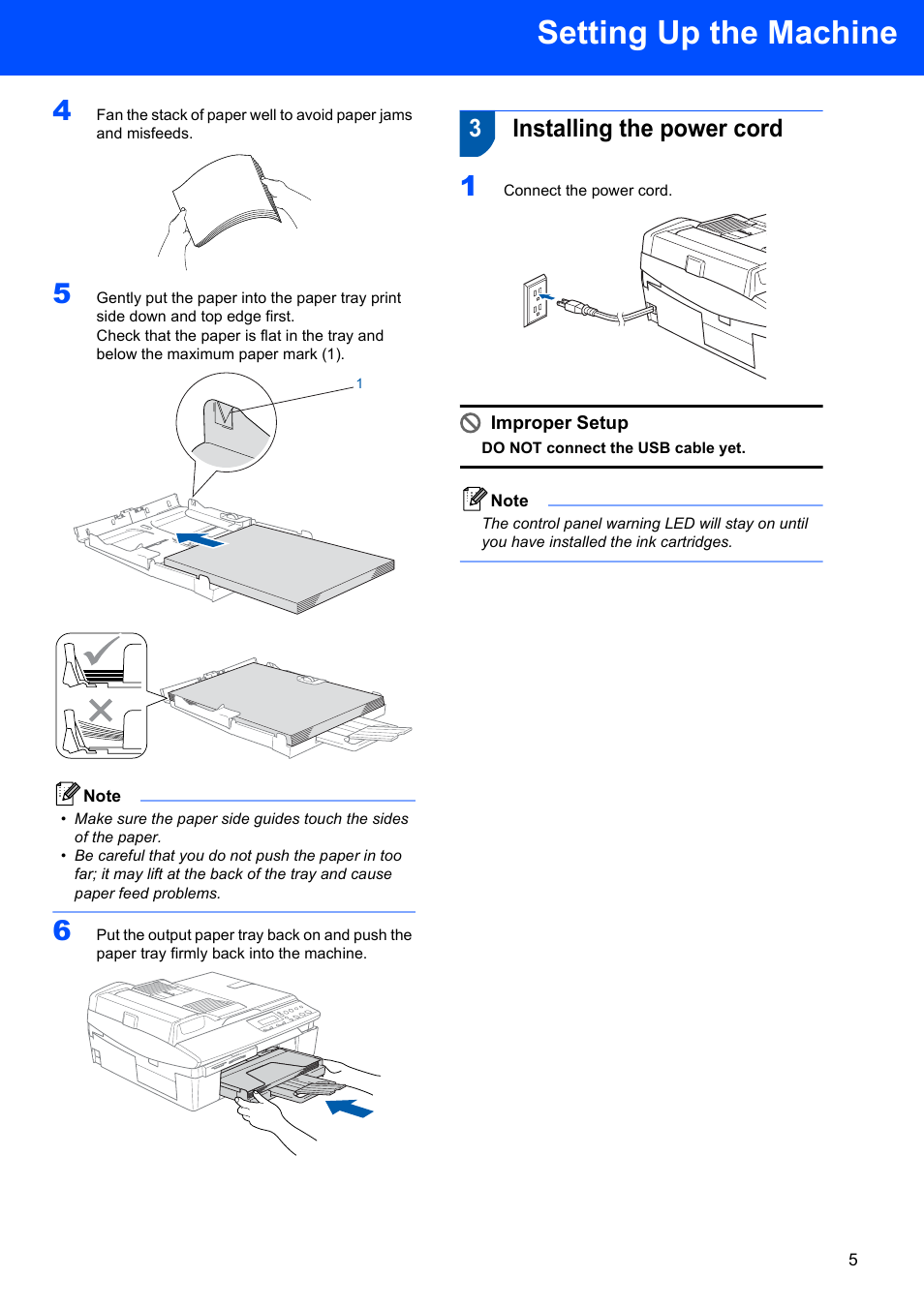 3 installing the power cord, Installing the power cord, Setting up the machine | 3installing the power cord, Improper setup | Brother DCP-120C User Manual | Page 7 / 24