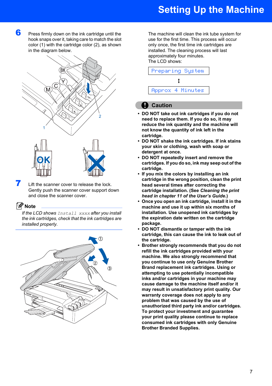 Setting up the machine, Preparing system, Approx 4 minutes | Caution | Brother DCP-120C User Manual | Page 9 / 24