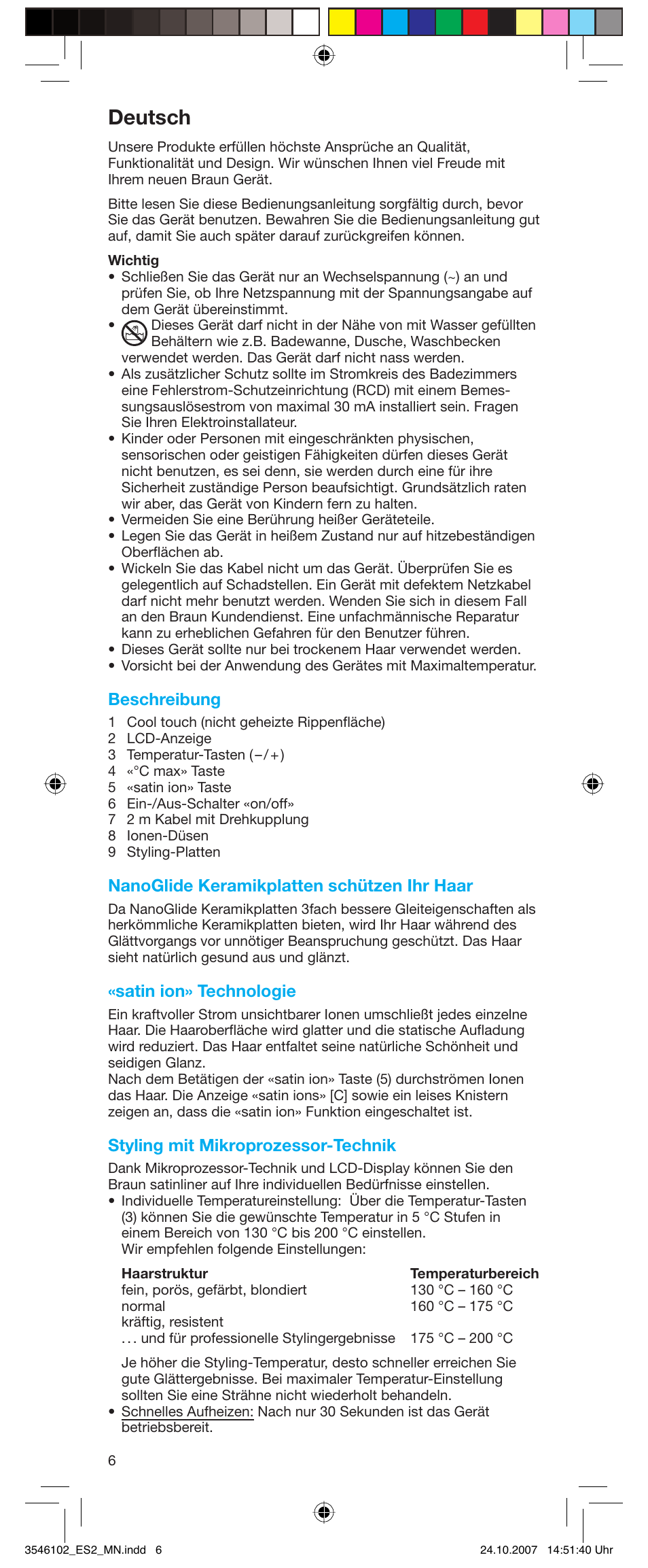 Deutsch, Beschreibung, Nanoglide keramikplatten schützen ihr haar | Satin ion» technologie, Styling mit mikroprozessor-technik | Braun ES2 Satin Hair User Manual | Page 4 / 66