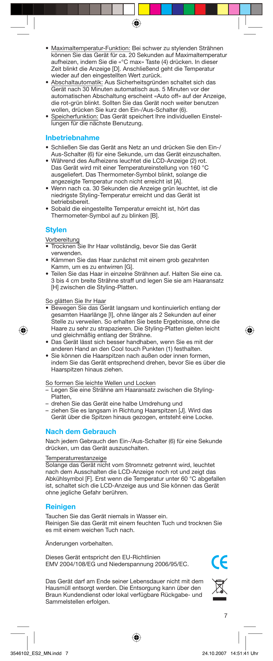 Inbetriebnahme, Stylen, Nach dem gebrauch | Reinigen | Braun ES2 Satin Hair User Manual | Page 5 / 66