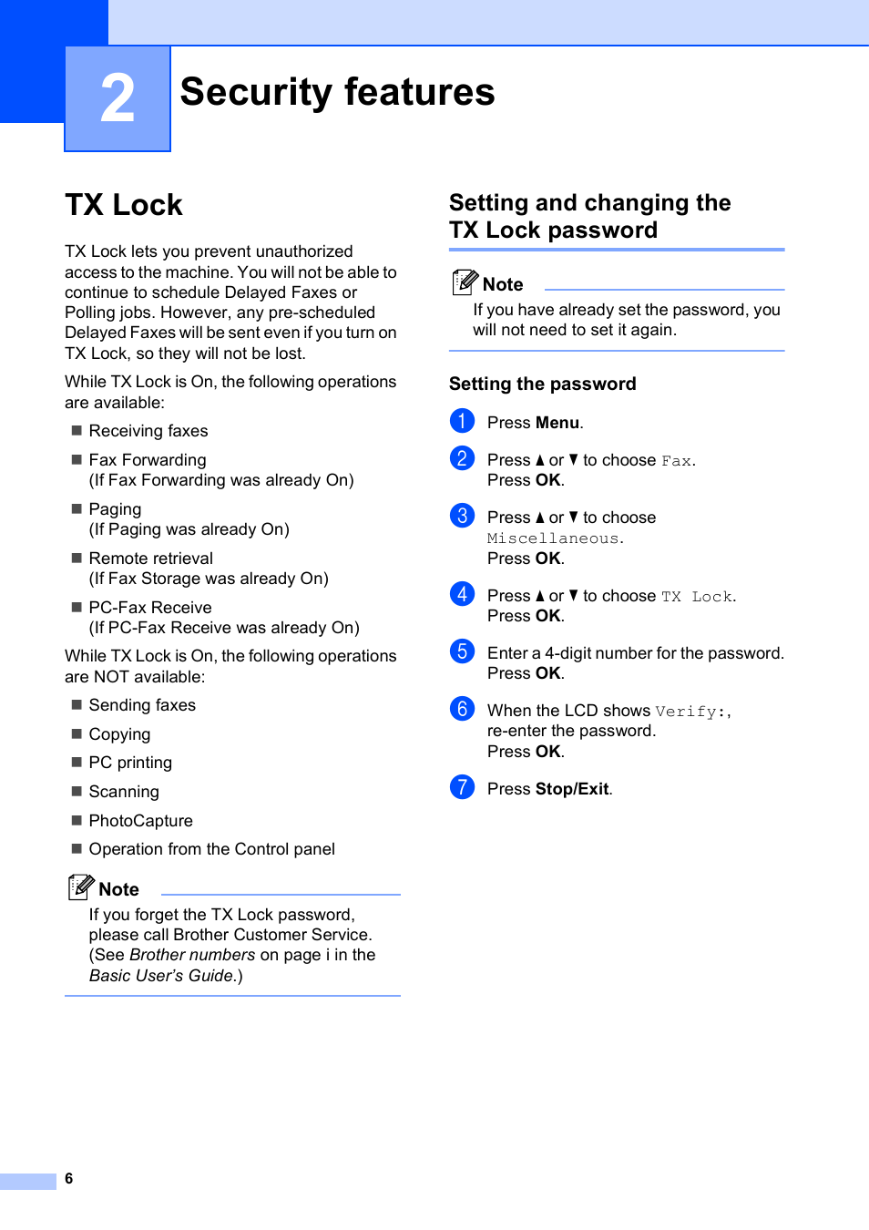 2 security features, Tx lock, Setting and changing the tx lock password | Setting the password, Security features | Brother MFC-J615W User Manual | Page 12 / 79