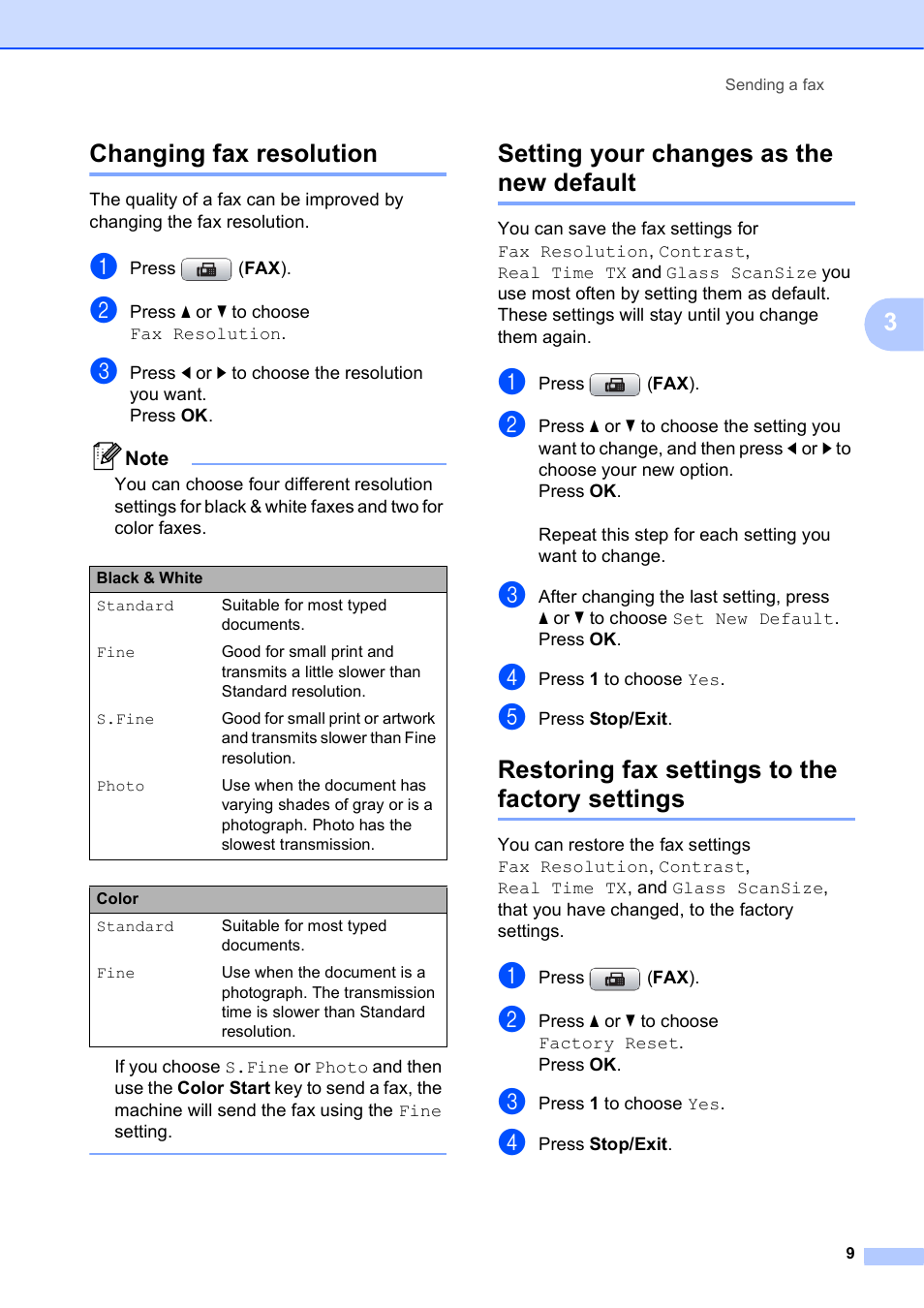 Changing fax resolution, Setting your changes as the new default, Restoring fax settings to the factory settings | 3changing fax resolution | Brother MFC-J615W User Manual | Page 15 / 79
