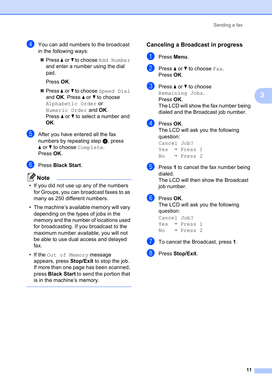 Canceling a broadcast in progress | Brother MFC-J615W User Manual | Page 17 / 79