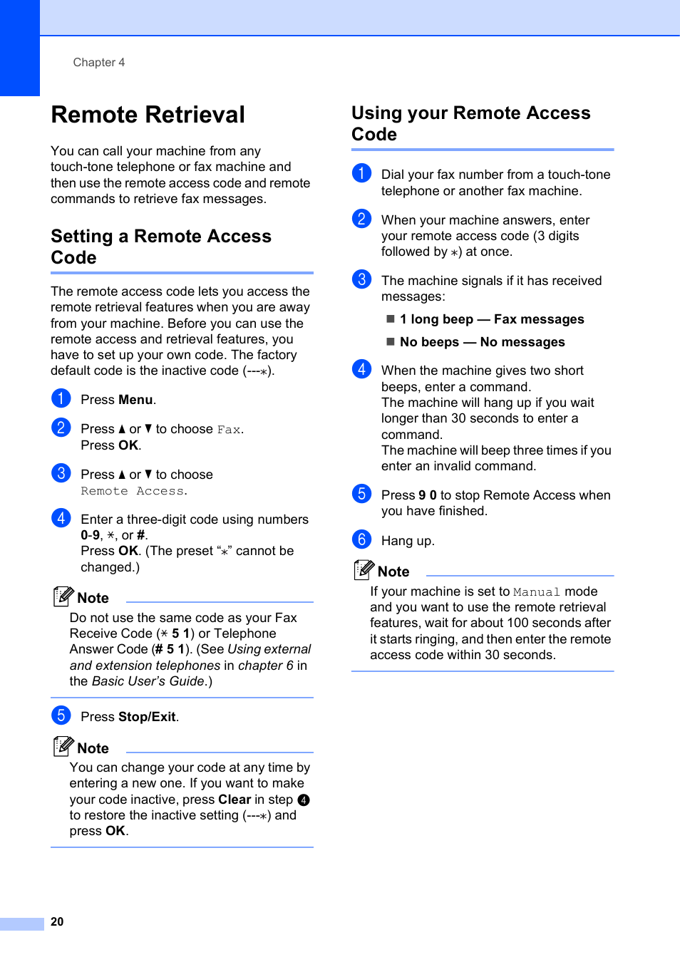 Remote retrieval, Setting a remote access code, Using your remote access code | Brother MFC-J615W User Manual | Page 26 / 79