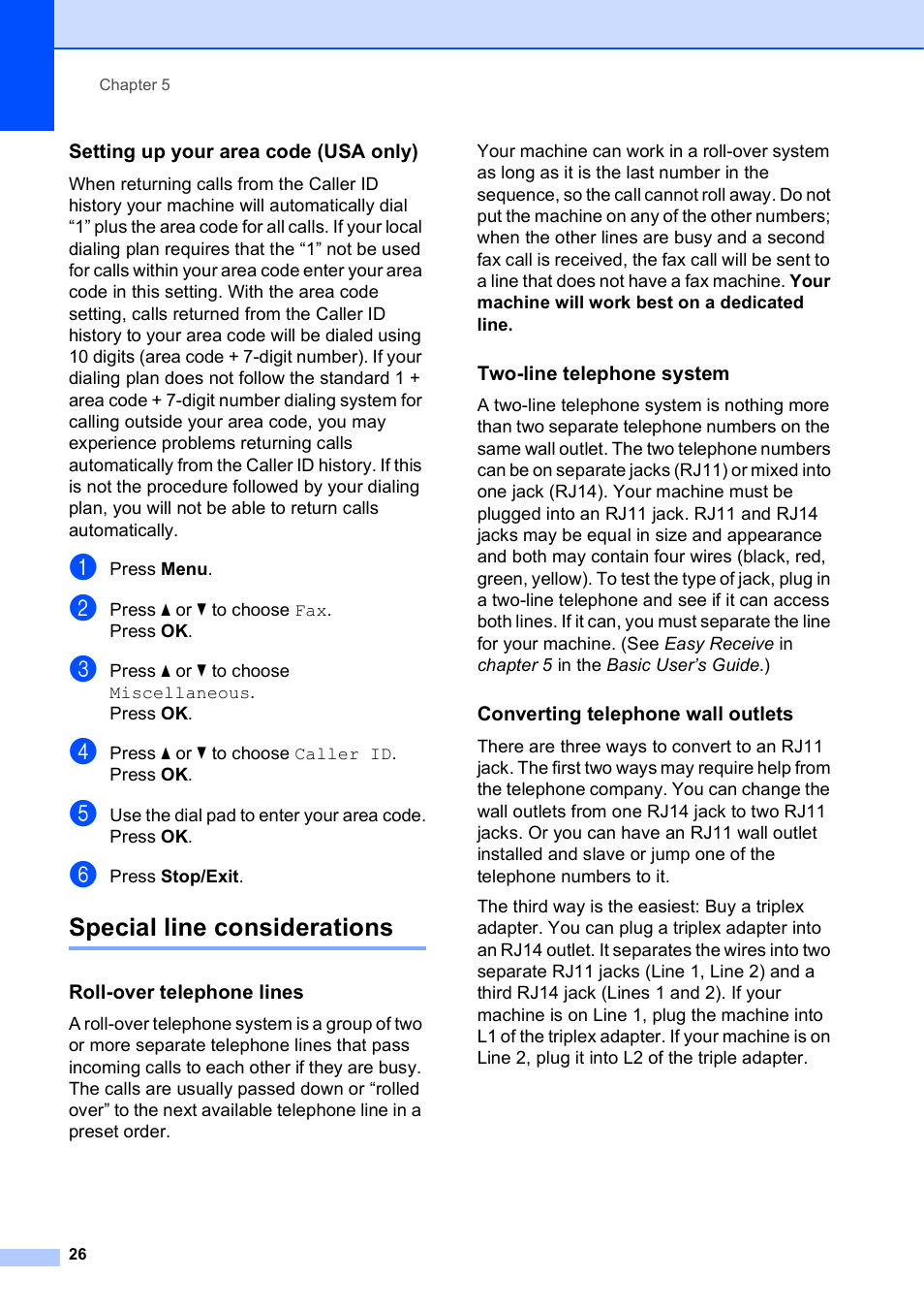 Setting up your area code (usa only), Special line considerations, Roll-over telephone lines | Two-line telephone system, Converting telephone wall outlets | Brother MFC-J615W User Manual | Page 32 / 79