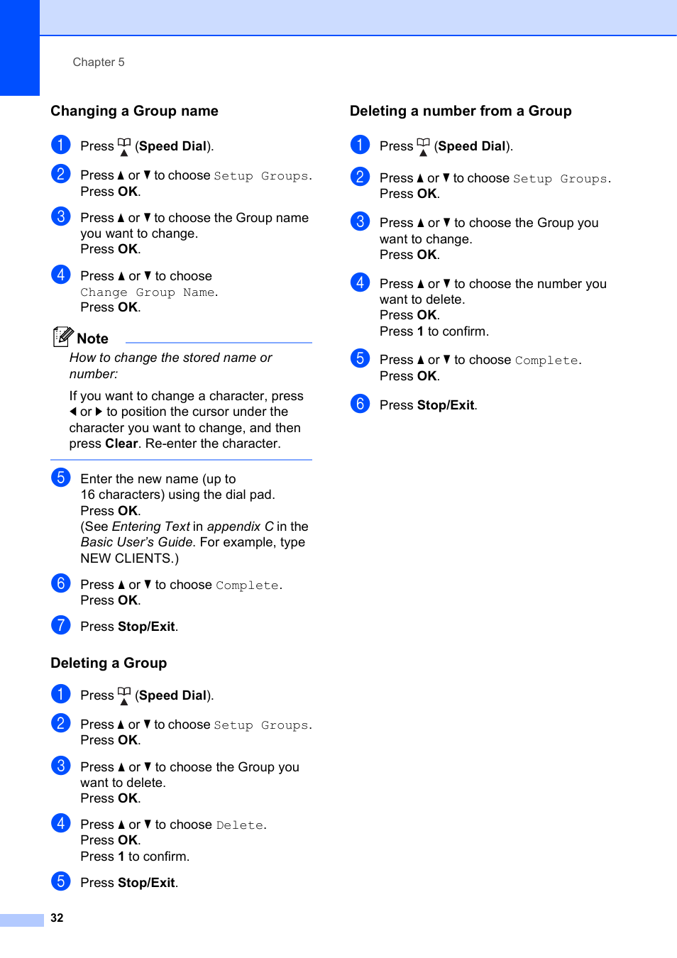 Changing a group name, Deleting a group, Deleting a number from a group | Brother MFC-J615W User Manual | Page 38 / 79