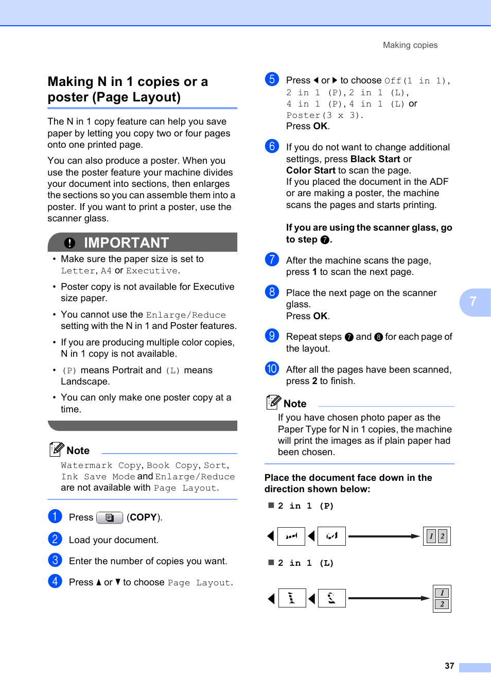 Important, 7making n in 1 copies or a poster (page layout) | Brother MFC-J615W User Manual | Page 43 / 79