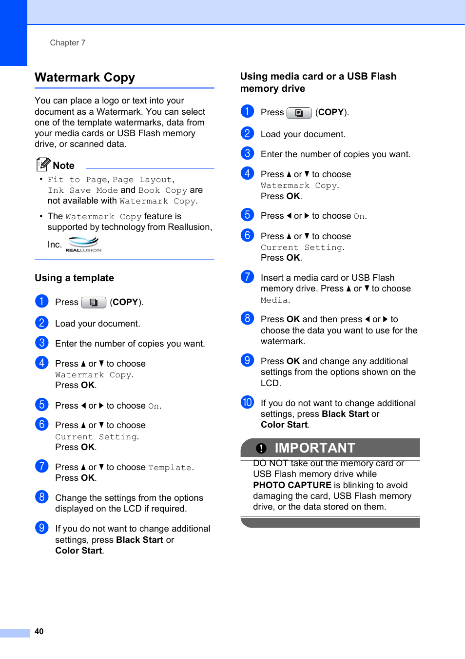 Watermark copy, Using a template, Using media card or a usb flash memory drive | Important | Brother MFC-J615W User Manual | Page 46 / 79