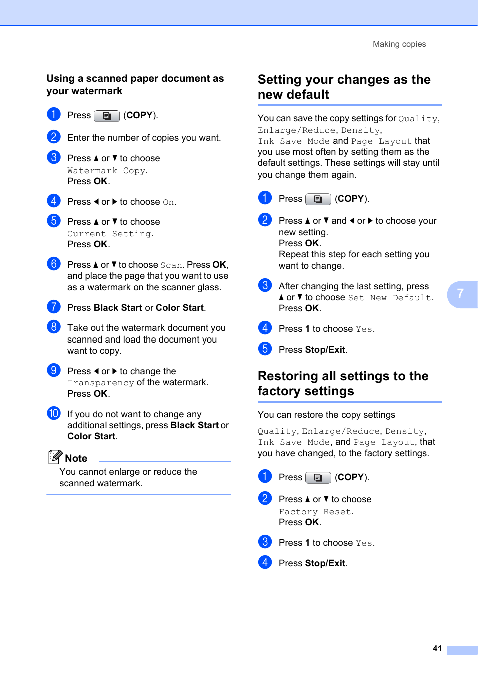 Using a scanned paper document as your watermark, Setting your changes as the new default, Restoring all settings to the factory settings | Brother MFC-J615W User Manual | Page 47 / 79
