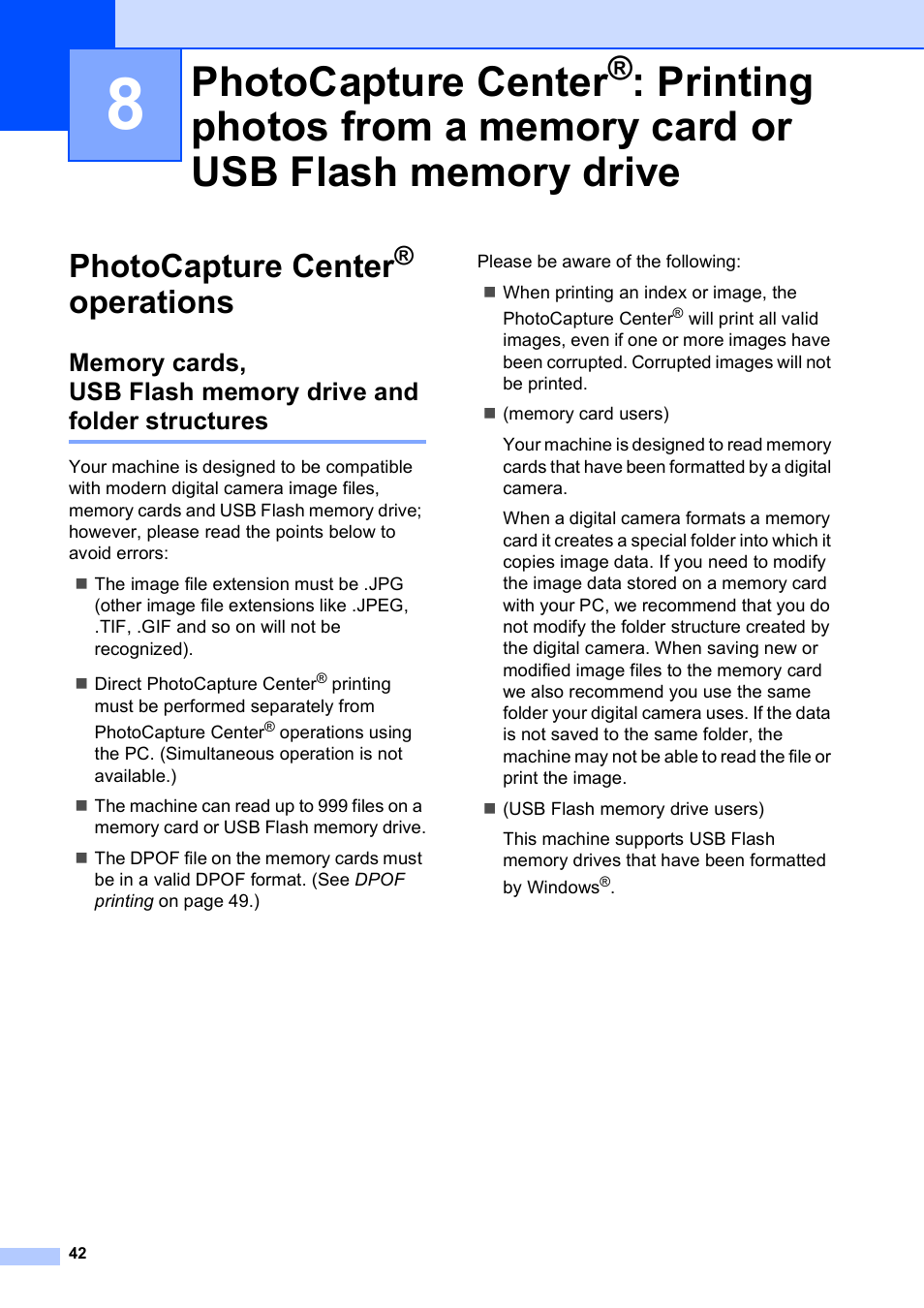 Photocapture center® operations, Photocapture center, Printing photos from a memory card or | Usb flash memory drive, Operations | Brother MFC-J615W User Manual | Page 48 / 79