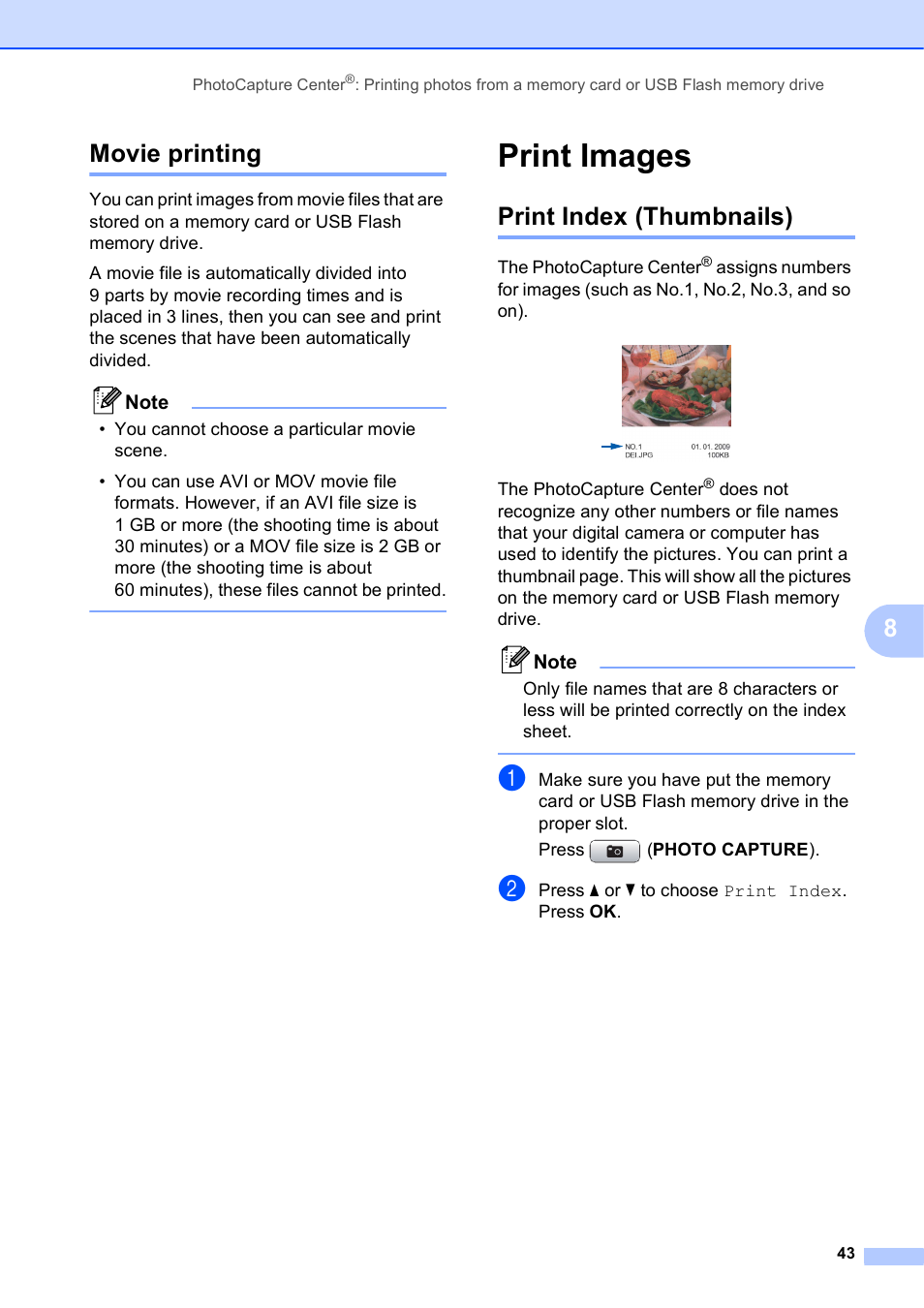 Movie printing, Print images, Print index (thumbnails) | 8movie printing | Brother MFC-J615W User Manual | Page 49 / 79