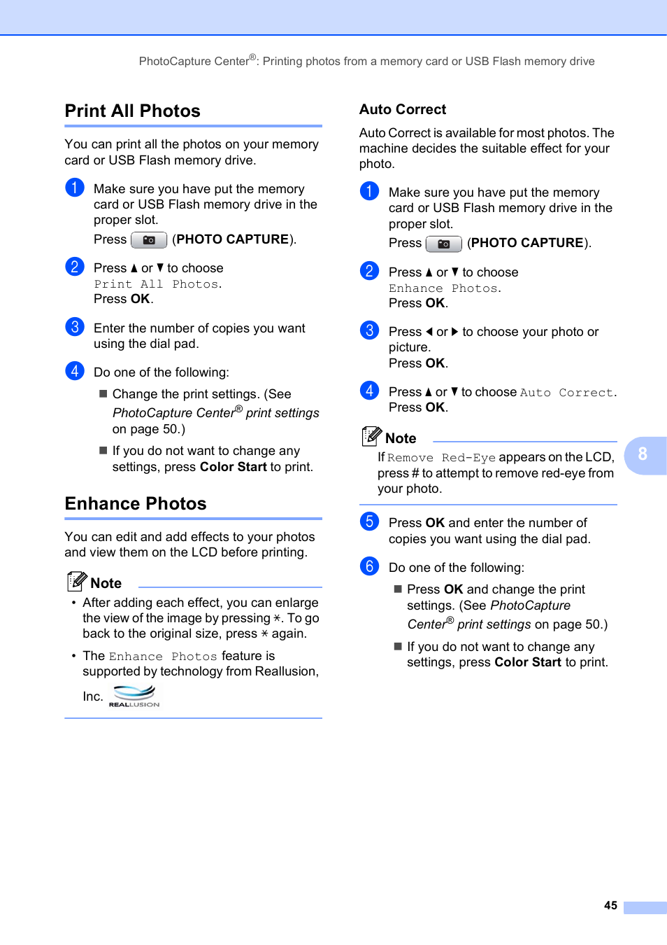 Print all photos, Enhance photos, Auto correct | Print all photos enhance photos, 8print all photos | Brother MFC-J615W User Manual | Page 51 / 79