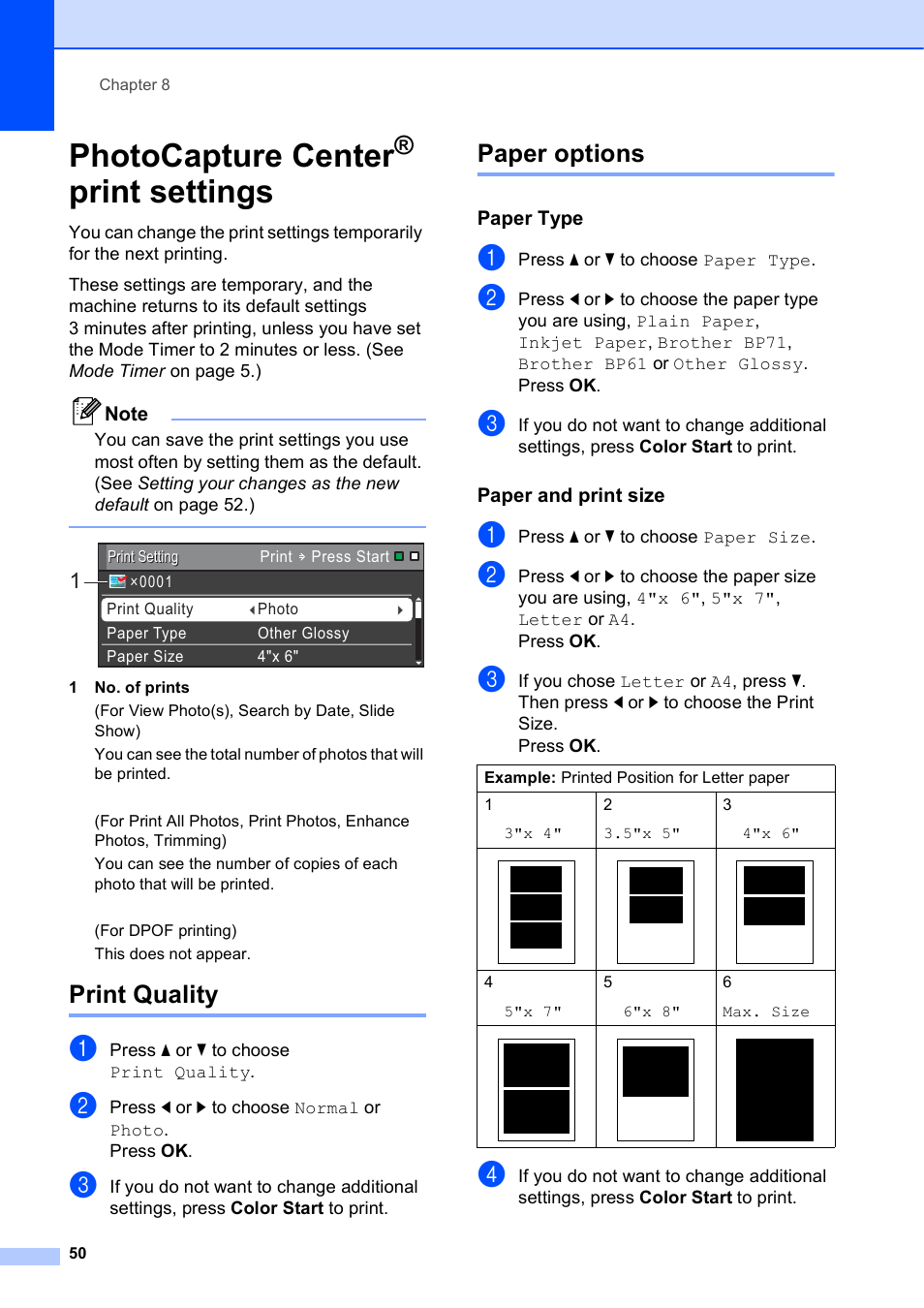 Photocapture center® print settings, Print quality, Paper options | Paper type, Paper and print size, Photocapture center, Print settings, Print quality paper options | Brother MFC-J615W User Manual | Page 56 / 79