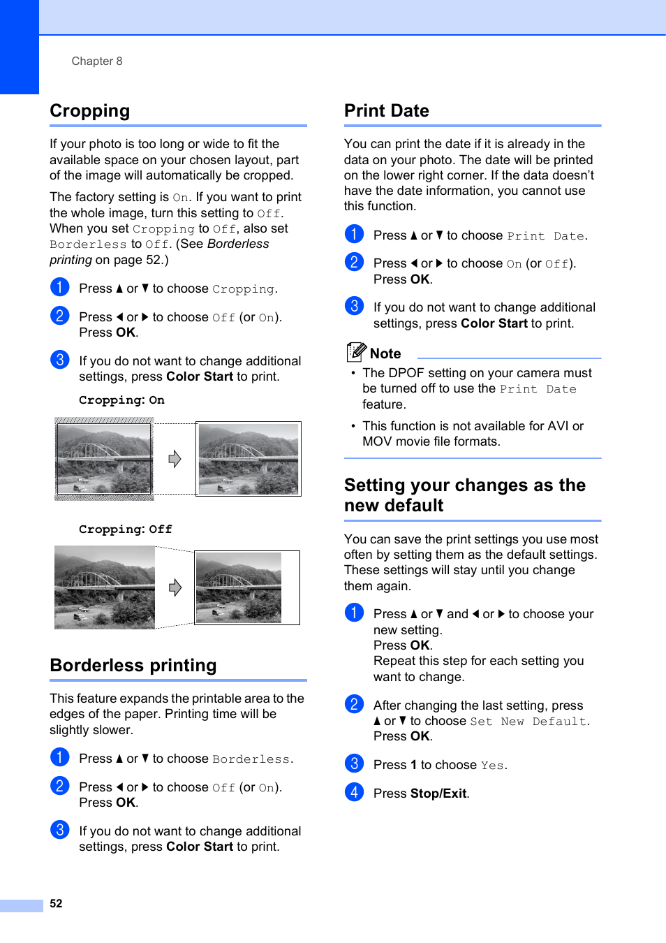 Cropping, Borderless printing, Print date | Setting your changes as the new default | Brother MFC-J615W User Manual | Page 58 / 79