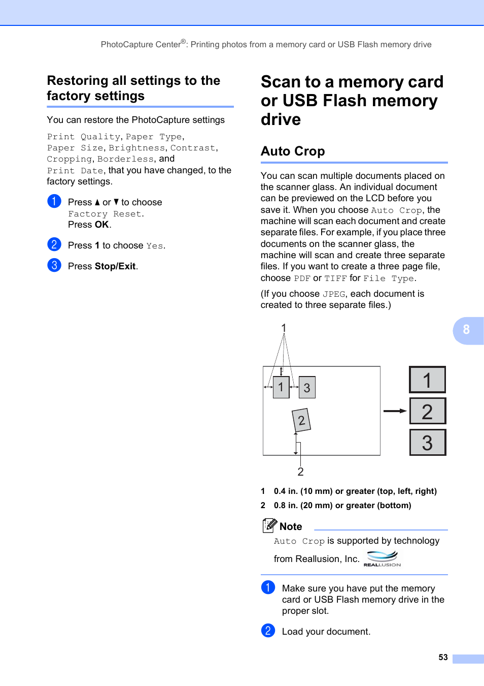 Restoring all settings to the factory settings, Scan to a memory card or usb flash memory drive, Auto crop | 8restoring all settings to the factory settings | Brother MFC-J615W User Manual | Page 59 / 79