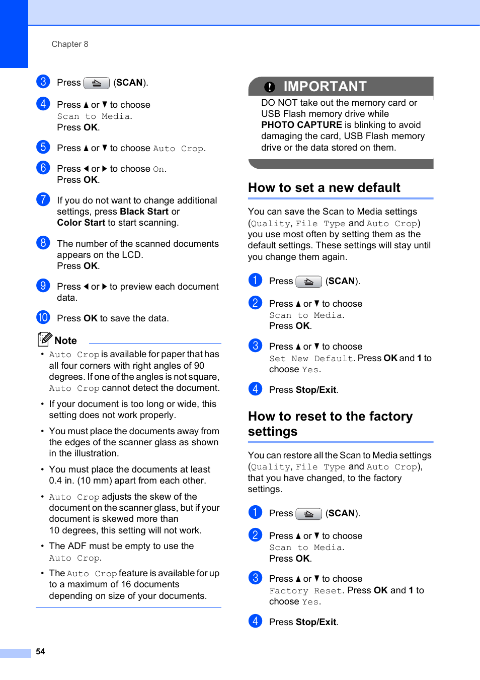 How to set a new default, How to reset to the factory settings, Important | Brother MFC-J615W User Manual | Page 60 / 79