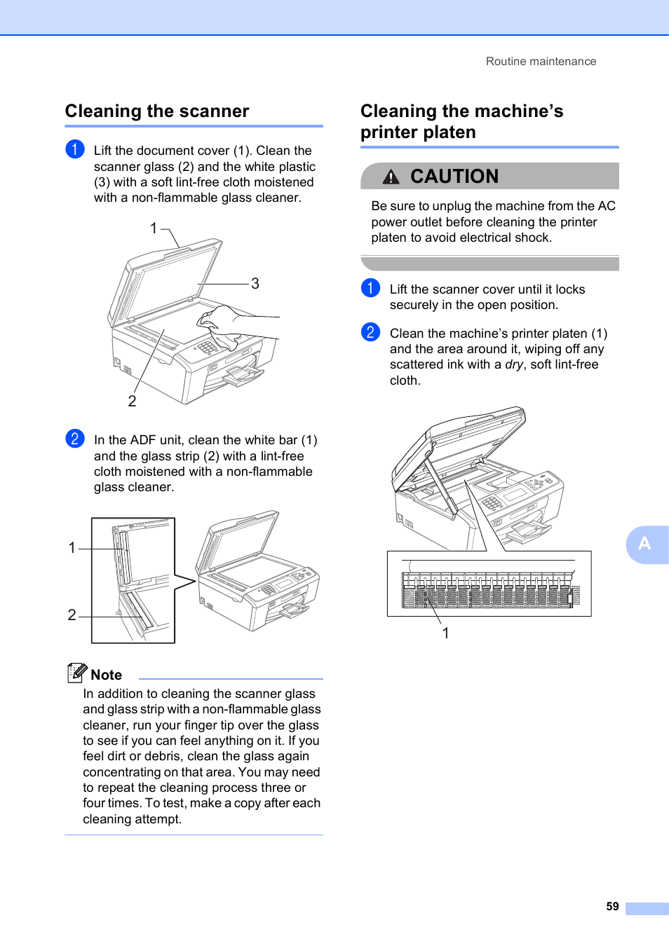 Cleaning the scanner, Cleaning the machine’s printer platen, Caution | Acleaning the scanner | Brother MFC-J615W User Manual | Page 65 / 79