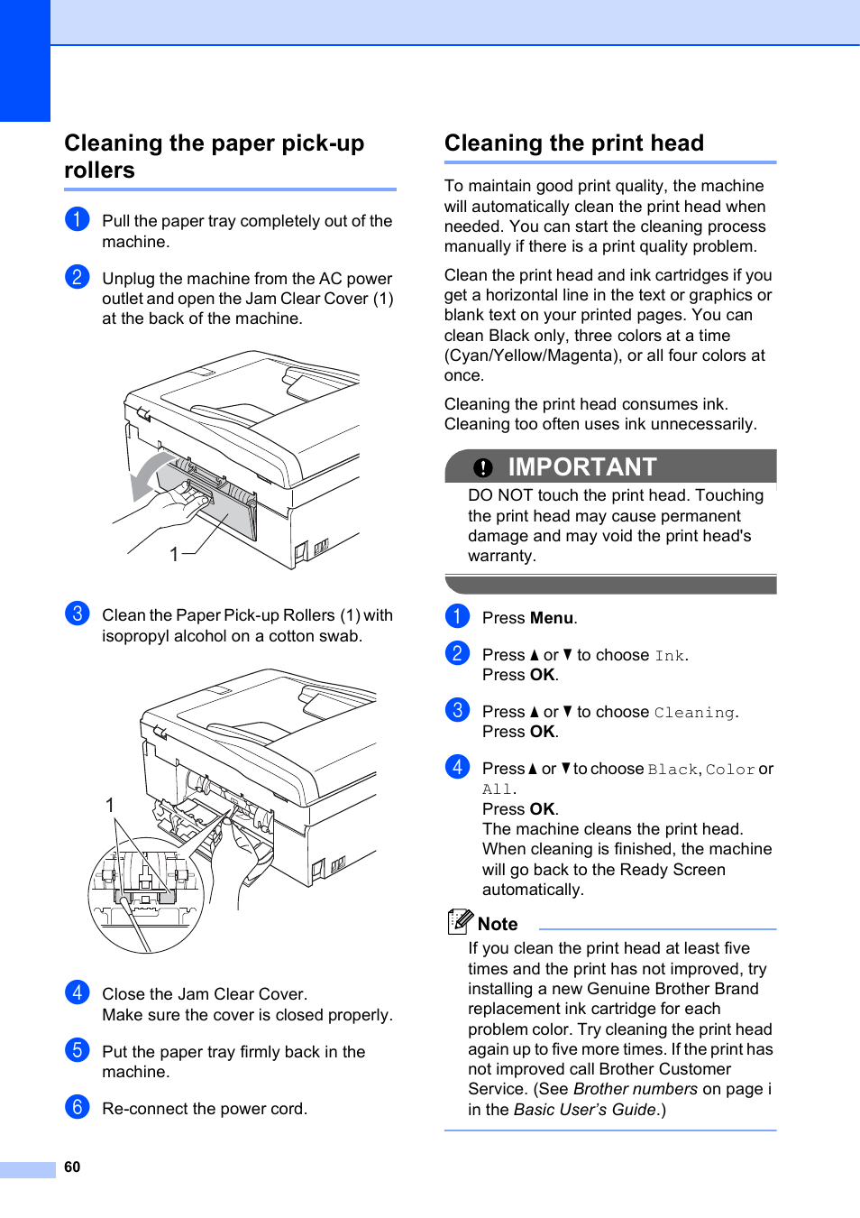 Cleaning the paper pick-up rollers, Cleaning the print head, Important | Brother MFC-J615W User Manual | Page 66 / 79