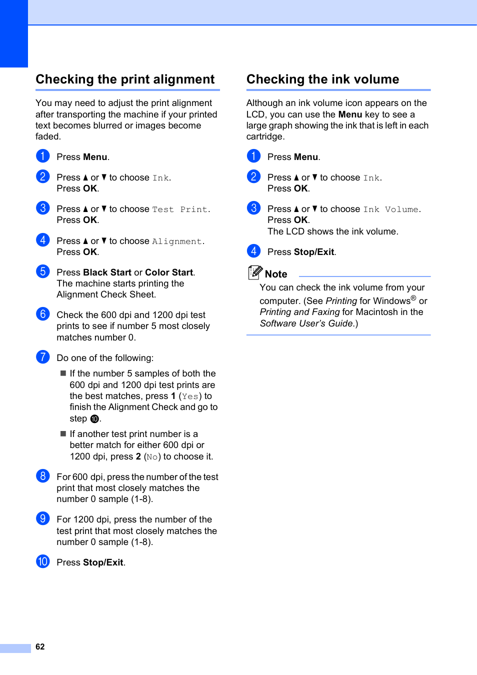 Checking the print alignment, Checking the ink volume | Brother MFC-J615W User Manual | Page 68 / 79