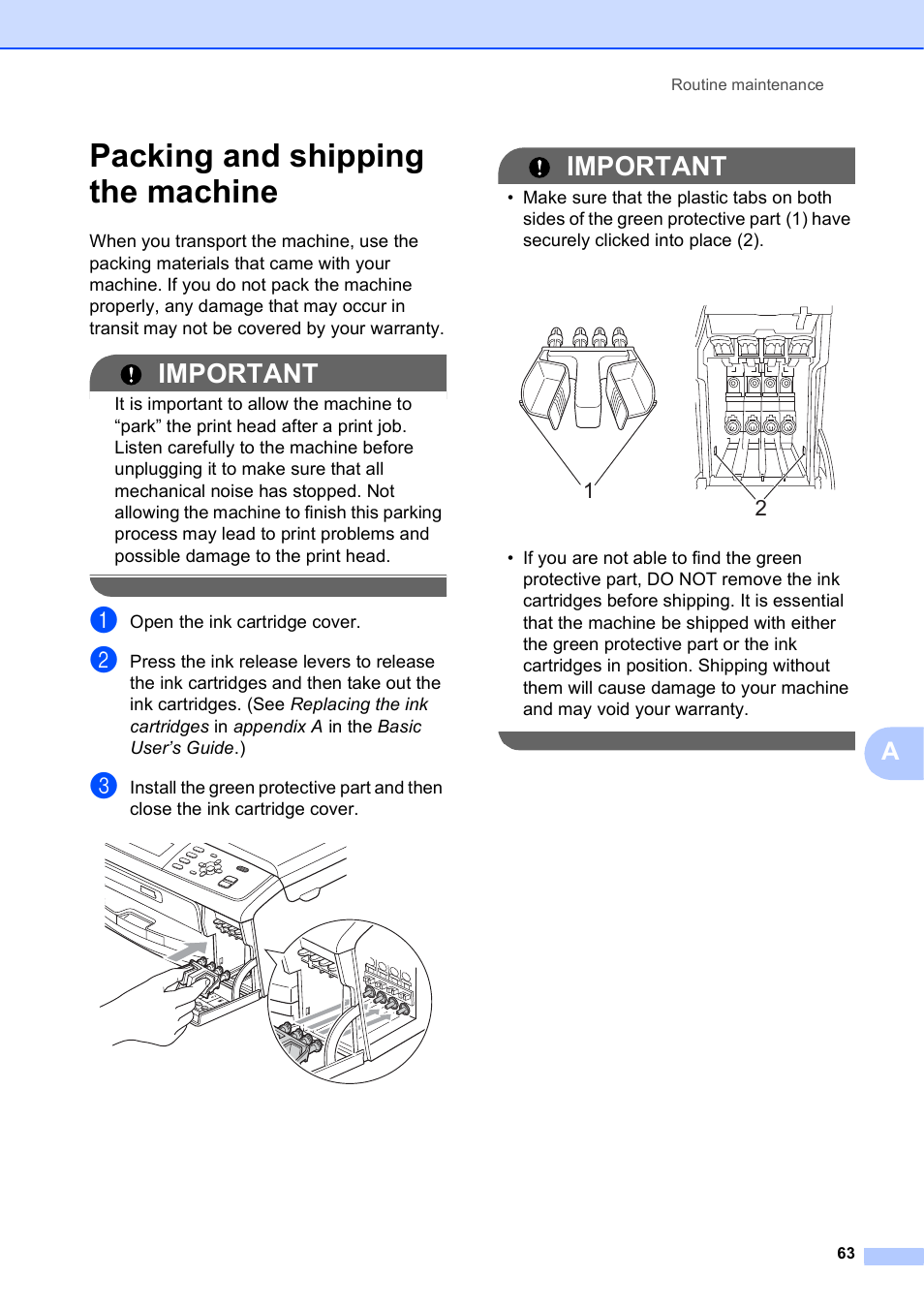 Packing and shipping the machine, Important | Brother MFC-J615W User Manual | Page 69 / 79