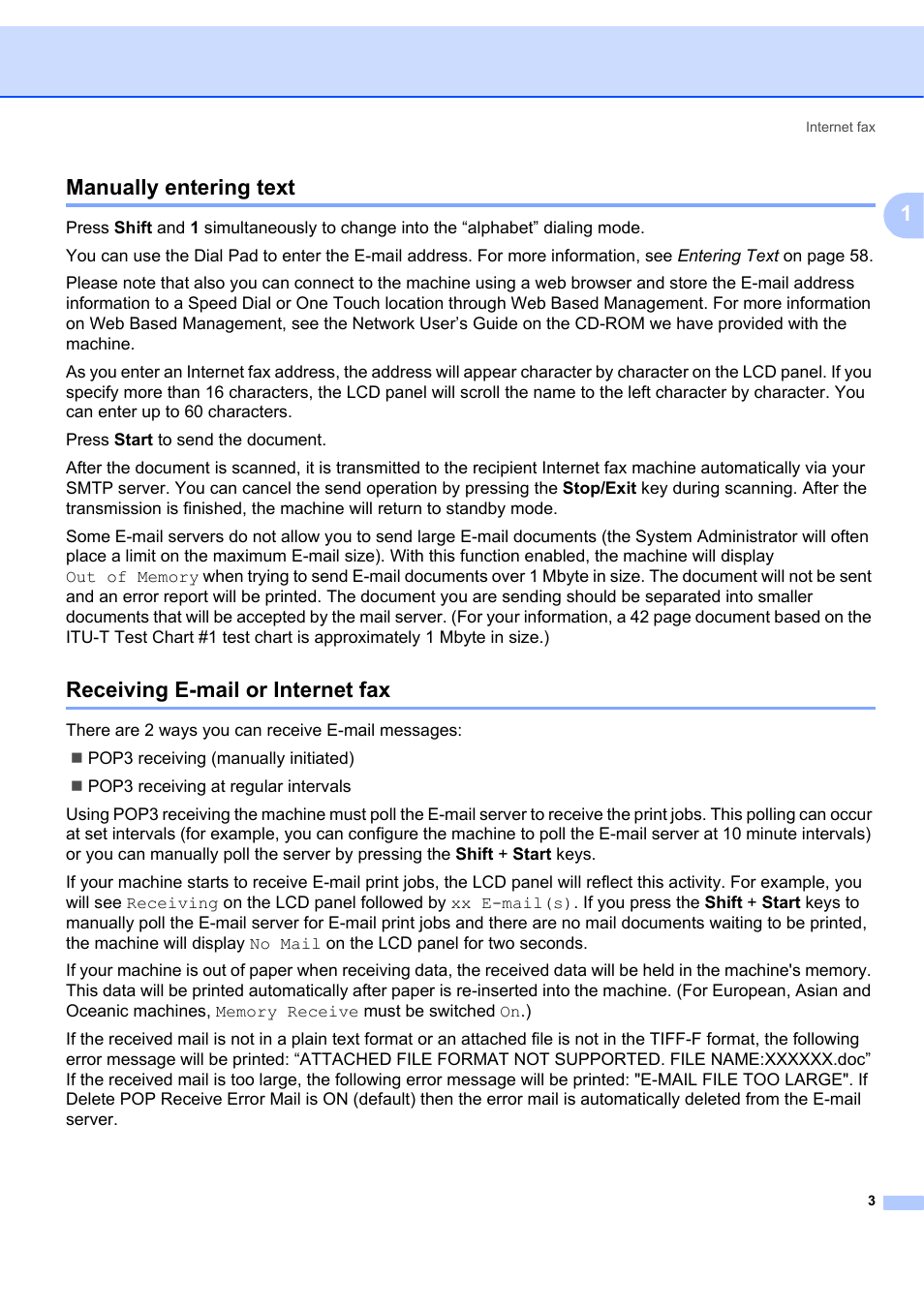 Manually entering text, Receiving e-mail or internet fax, 1manually entering text | Brother MFC 7840W User Manual | Page 10 / 67