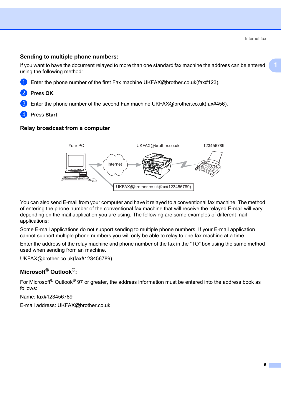 Sending to multiple phone numbers, Relay broadcast from a computer, Microsoft® outlook | Brother MFC 7840W User Manual | Page 13 / 67