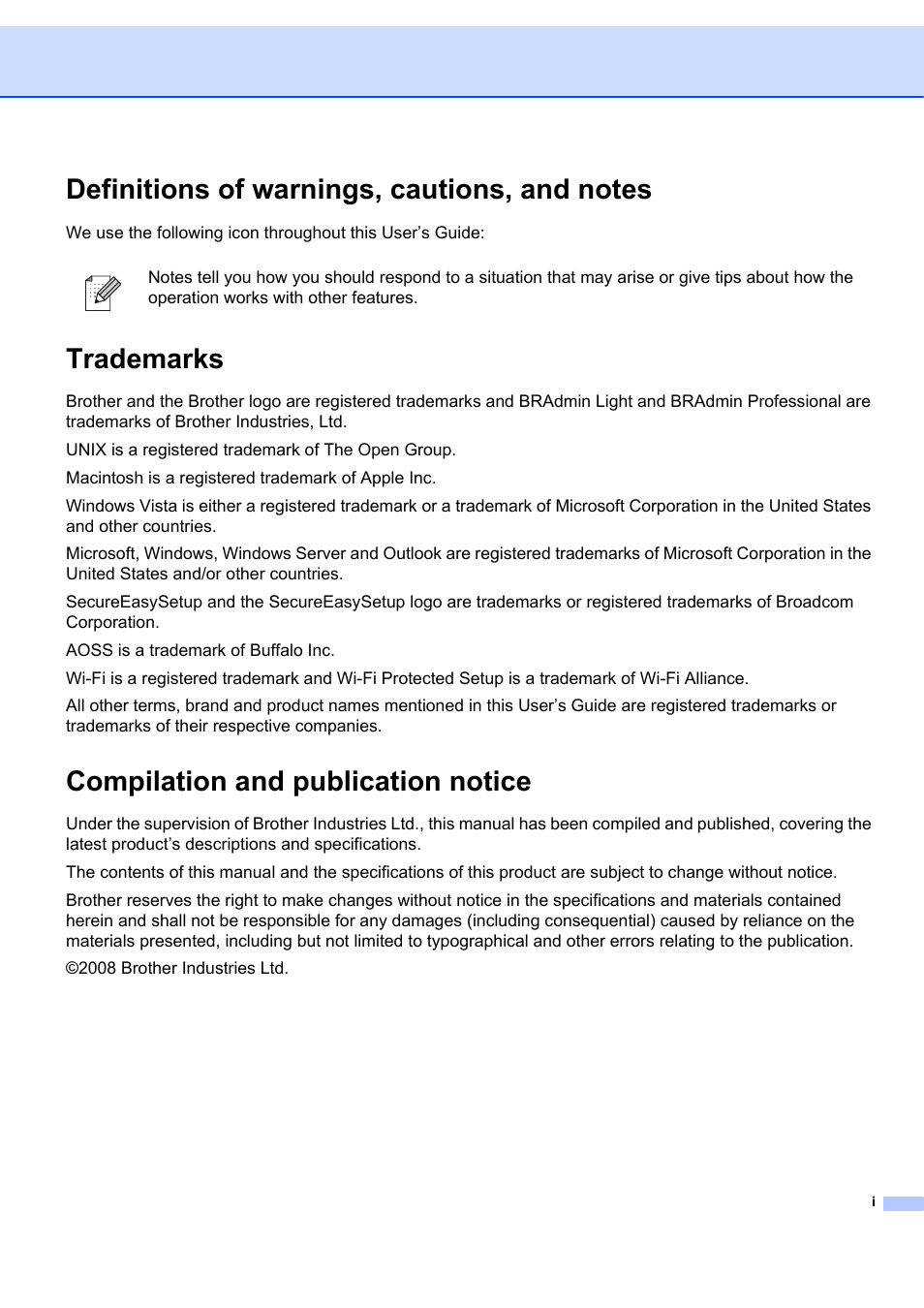 Trademarks, Compilation and publication notice | Brother MFC 7840W User Manual | Page 2 / 67