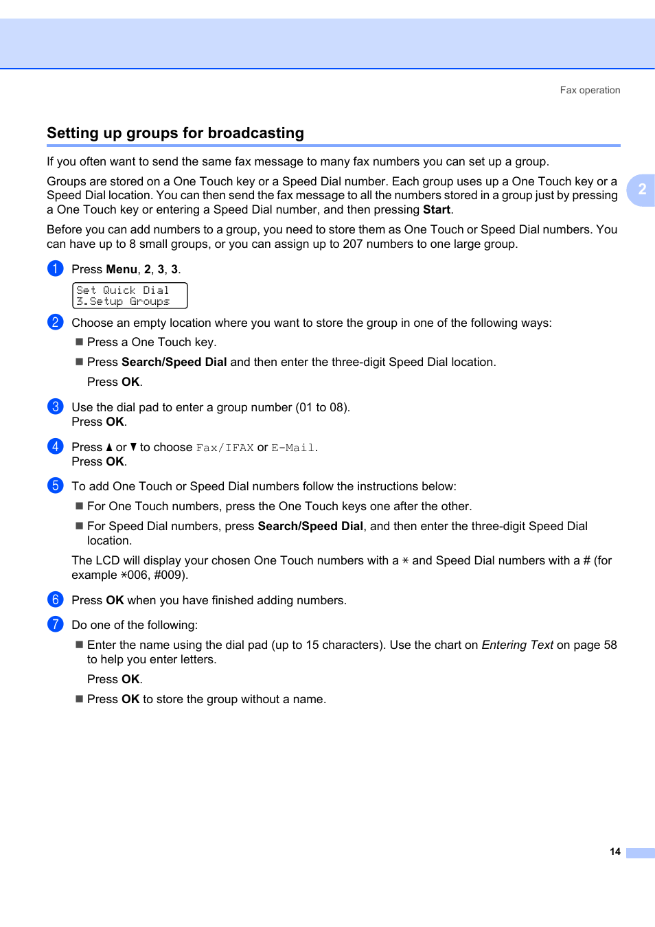 Setting up groups for broadcasting, 2setting up groups for broadcasting | Brother MFC 7840W User Manual | Page 21 / 67