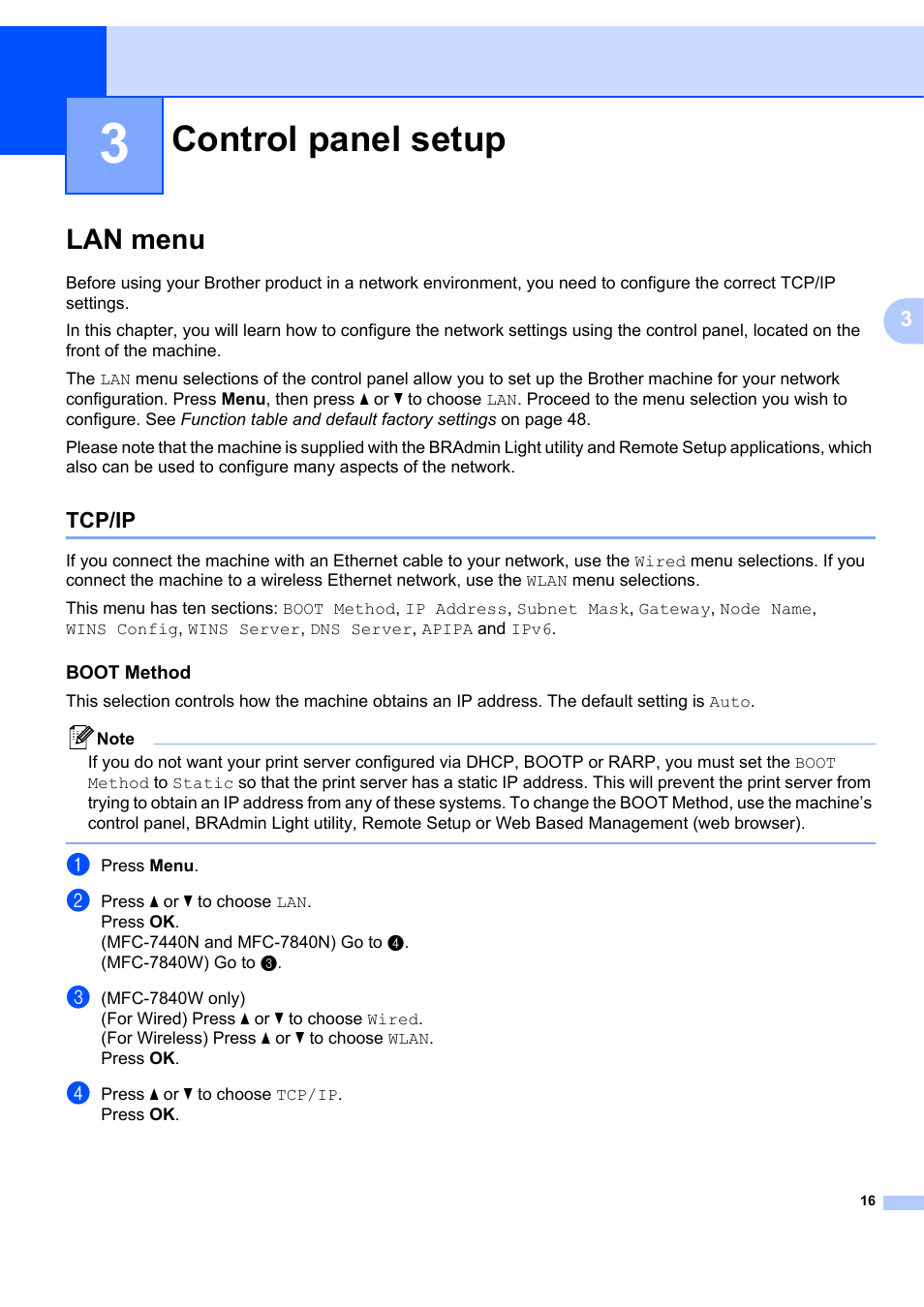 3 control panel setup, Lan menu, Tcp/ip | Boot method, Control panel setup | Brother MFC 7840W User Manual | Page 23 / 67