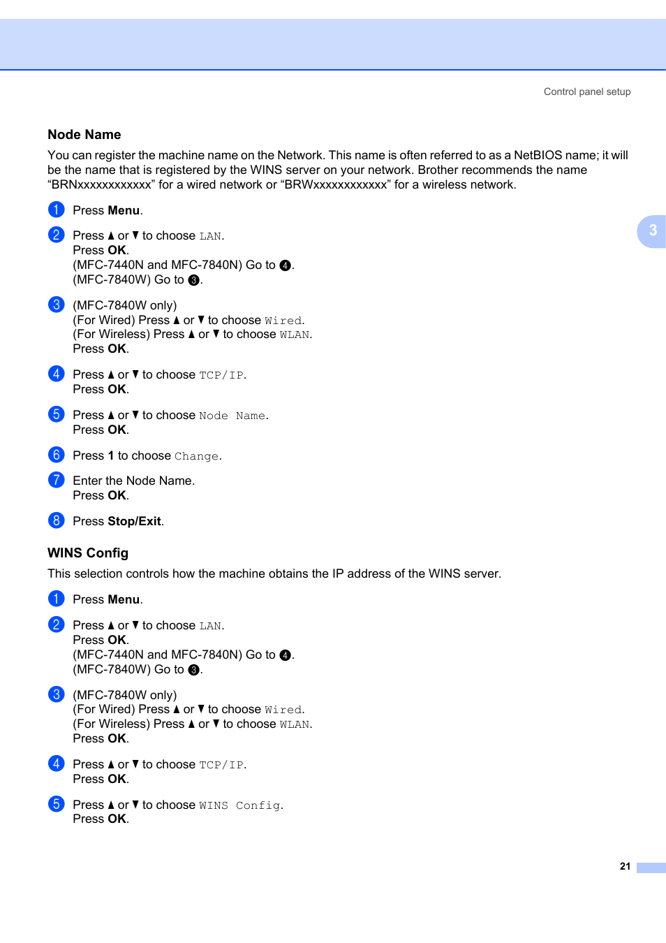 Node name, Wins config | Brother MFC 7840W User Manual | Page 28 / 67