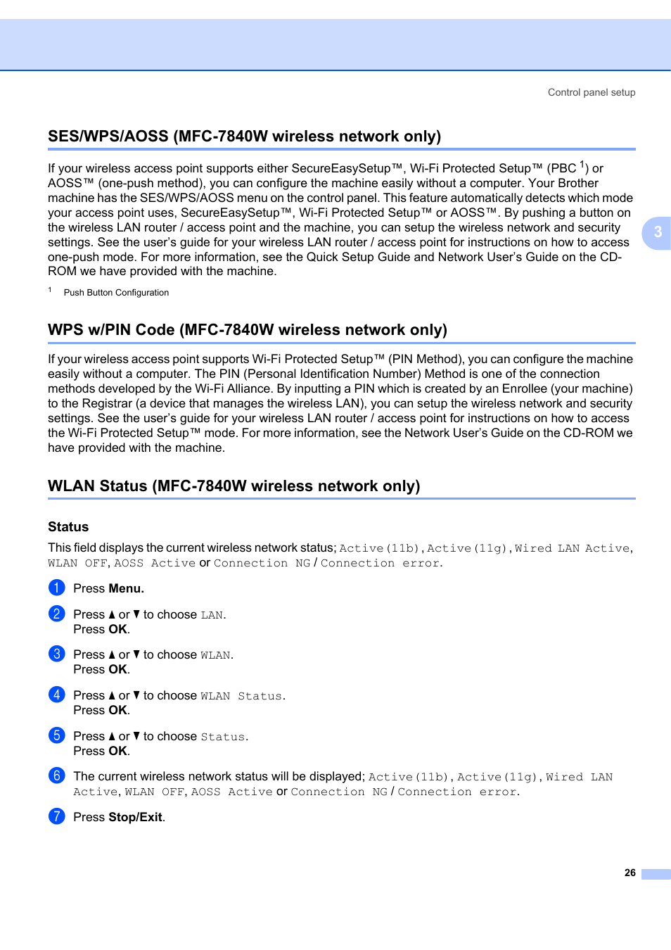 Ses/wps/aoss (mfc-7840w wireless network only), Wps w/pin code (mfc-7840w wireless network only), Wlan status (mfc-7840w wireless network only) | Status | Brother MFC 7840W User Manual | Page 33 / 67